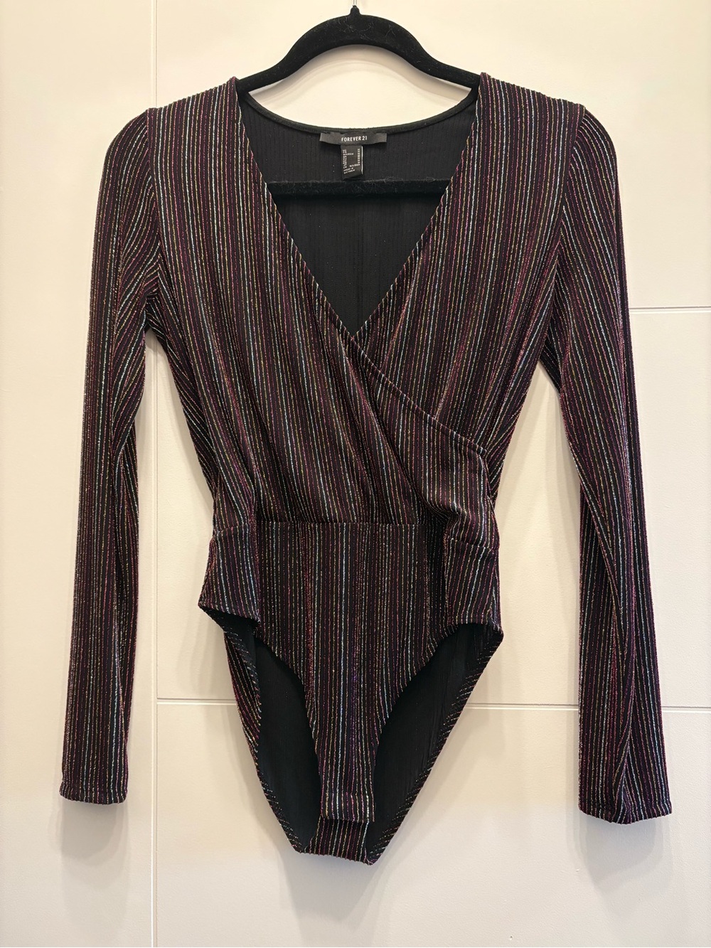 Forever 21 Black Metallic Multi-Stripe Wrap Long-Sleeve Bodysuit